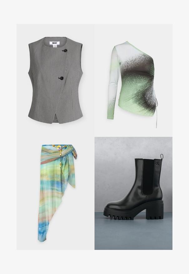 Ærmeløs sort-hvid hundetandsvest med to sorte knapper og rund halsudskæring, mærket DKNY indeni kraven.; Elleme ONE SHOULDER - Langærmet T-shirt - light green/white; Asymmetrisk gennemsigtig omslagsnederdel med blå, grøn og beige gradientmønster, fastgjort med et dekorativt perlebælte og rundt spænde.; Sort læder ankelstøvle med rund tå, kraftig platformssål og mesh-sidede accenter. Har en trækflig for nem påtagning.