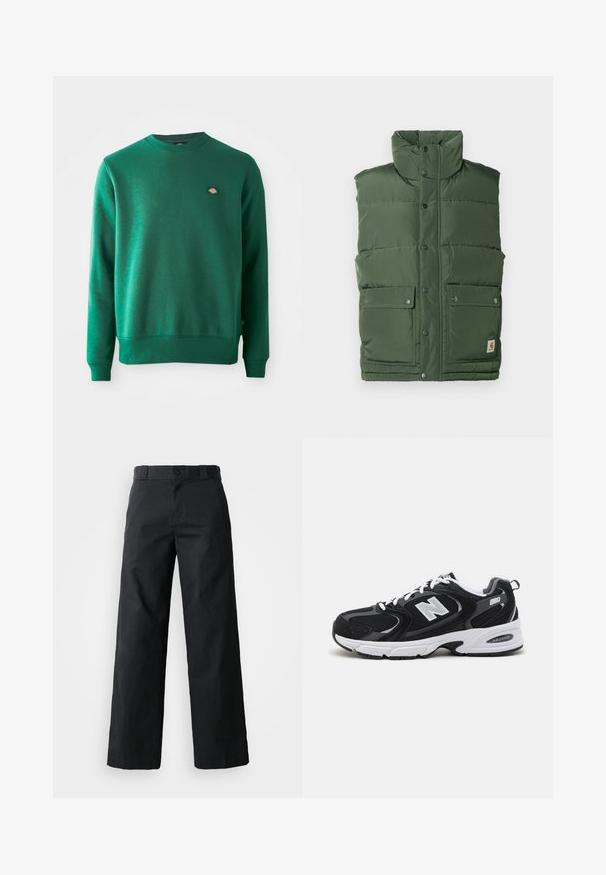 Grøn isoleret vest med høj krave, trykknapper og to forlommer. Lavet af glat, polstret materiale med en quiltet design.; Grøn sweatshirt i blandet bomuldsstof. Har en ribbet rund halsudskæring, lange ærmer og et lille logo-elt på brystet.; Sorte brede bukser lavet af bomuld. Har en knaplukning, bæltestropper og sidelommer. Glat tekstur med en skræddersyet pasform.; Sorte og grå sportssko med mesh og ruskind på overdelen, der har en hvid mellemsål, snørebånd og et iøjnefaldende "N" logo på siden.