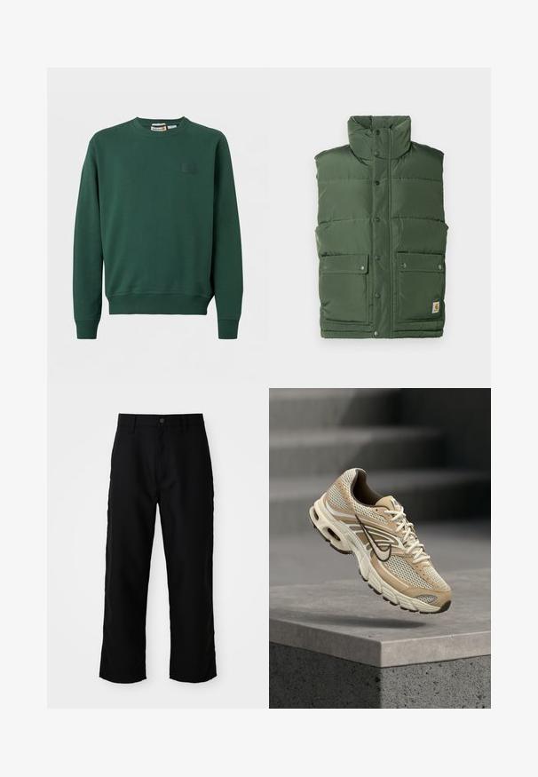 Gilet isolé vert avec un col haut, des boutons-pression et deux poches avant. Fabriqué en matériau lisse et rembourré avec un design matelassé.; Sweat-shirt vert foncé à col rond avec poignets et ourlet côtelés, orné d'un petit patch logo Timberland sur la poitrine gauche.; Pantalons droits noirs avec passants de ceinture, bouton frontal et fermeture éclair sur fond clair uni.; Chaussure de running Nike beige et blanche avec panneaux en mesh et swoosh noir, flottant au-dessus d'un rebord en béton avec des escaliers flous en arrière-plan.
