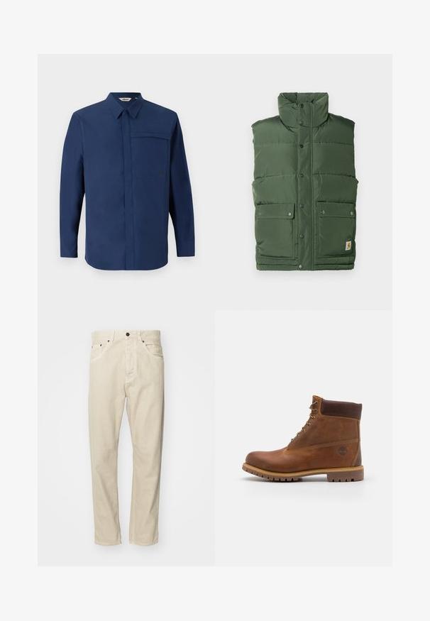 Grüne isolierte Weste mit hohem Kragen, Druckknöpfen und zwei Fronttaschen. Hergestellt aus glattem, gepolstertem Material mit einem gesteppten Design.; Marineblaues Langarmhemd mit Button-Down-Kragen, einer einzelnen Brusttasche und einer sauberen, glatten Textur. Verfügt über ein kleines Logo auf der Tasche.; Beige Baumwollhose mit geradem Bein, fünf Taschen und Metallakzenten. Glatte Textur mit minimalen Nähdetails.; Braune Lederwanderschuhe mit glatter Oberfläche, gepolstertem Knöchel, Metallösen und einer Gummisohle mit robustem Profil.