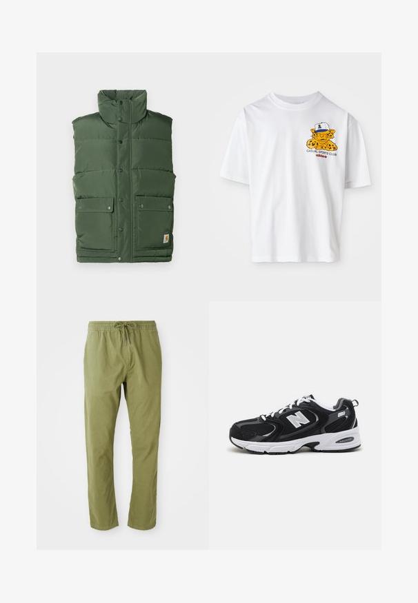 Chaleco aislante verde con cuello alto, botones a presión y dos bolsillos delanteros. Fabricado en un material suave y acolchado con un diseño acolchado.; Camiseta de algodón blanca de manga corta con un gráfico de un leopardo de dibujos animados amarillo con una gorra, el texto "CASUAL SPORTS CLUB" y el logo de Adidas.; Pantalones de corte relajado en verde oliva con cinturilla elástica y cordón. Confeccionados en una tela suave con una textura lisa y perneras rectas.; Zapatillas deportivas en negro y gris con parte superior de malla y ante, que cuentan con una entresuela blanca, cordones y un llamativo logo "N" en el lateral.