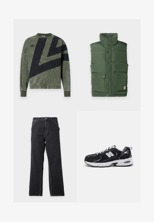 Grüne isolierte Weste mit hohem Kragen, Druckknöpfen und zwei Fronttaschen. Hergestellt aus glattem, gepolstertem Material mit einem gesteppten Design.; Langärmliges, grün-schwarz color-blocked Sweatshirt mit gerippten Bündchen und Kragen, mit Umbro-Logo auf der linken Brust.; Schwarze Jeans mit geradem Bein, Vordertaschen, Gürtelschlaufen und sichtbaren weißen Nähten auf einfachem hellgrauem Hintergrund.; Schwarze und graue Sportschuhe mit Obermaterial aus Mesh und Wildleder, ausgestattet mit einer weißen Zwischensohle, Schnürsenkeln und einem markanten "N"-Logo an der Seite.