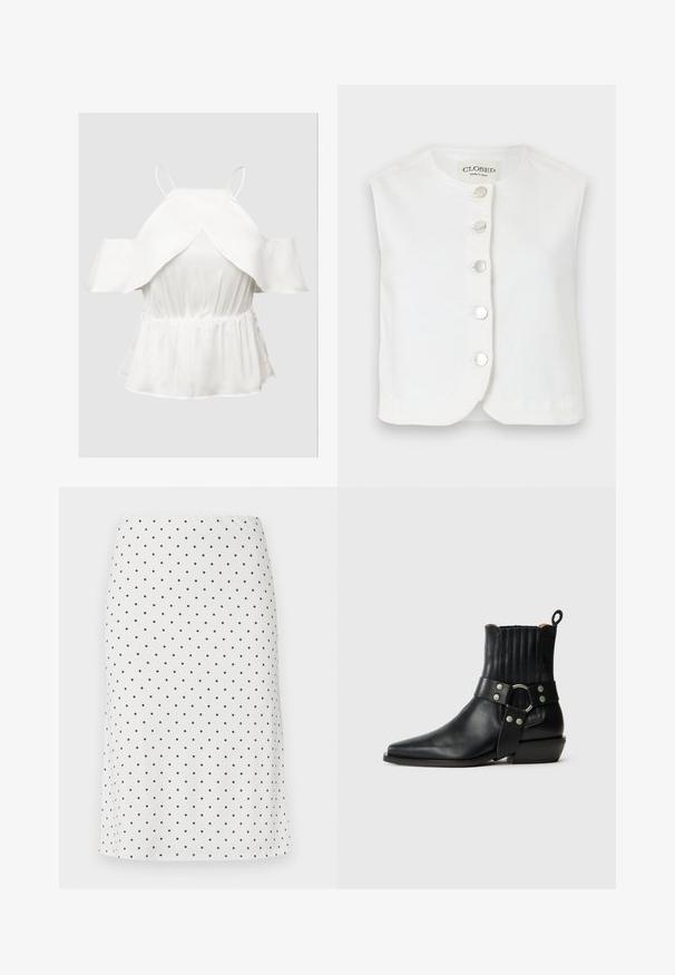 Chaleco blanco sin mangas hecho de algodón, con cuello redondeado y cinco botones plateados en la parte delantera. Textura suave con dobladillo curvo.; Top blanco sin hombros con mangas de volantes, tejido texturizado, cintura ceñida y dobladillo acampanado. Tirantes finos ajustables.; Falda lápiz blanca con un estampado de lunares negros, hasta la rodilla con cintura ajustada y textura de tela suave.; Botas de cuero negro hasta el tobillo con punta afilada, detalles acanalados en la parte trasera y una correa ancha con un hebilla circular y adornos de tachuelas.