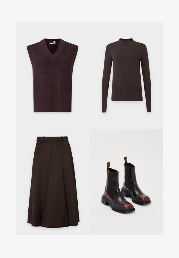 Donkerbruine gebreide mouwloze vest met V-hals, weergegeven op een effen lichte achtergrond.; Langsleeve coltrui gemaakt van donkerbruin stof. Heeft een aansluitend ontwerp en een gladde textuur zonder zichtbare patronen of hardware.; Bruine plissé A-lijn rok gemaakt van een glad materiaal, met een tailleband en een vloeiend ontwerp met een mid-lengte snit.; Dr. Martens MAYBOLE CHELSEA - Enkellaarsjes met plateauzool - black/cherry red