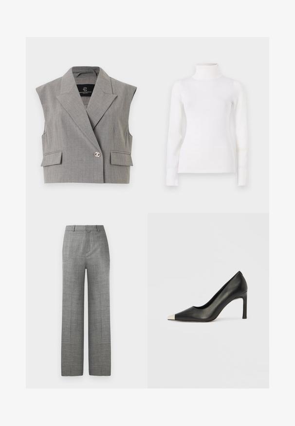 Veste grise cintrée sans manches avec de larges revers, deux poches à rabat et une fermeture à bouton décoratif argenté unique.; Pull en col roulé blanc, taille ajustée, manches longues, texture douce, tissu lisse, detailing minimal, poignets et col côtelés.; Pantalons larges gris sur mesure avec passants de ceinture et pression à l'avant sur fond blanc, adaptés pour une tenue formelle ou professionnelle.; Chaussure à talon haut en cuir noir avec bout pointu et capuchon argenté métallique. Présente une finition lisse et un talon fin de 10 cm.