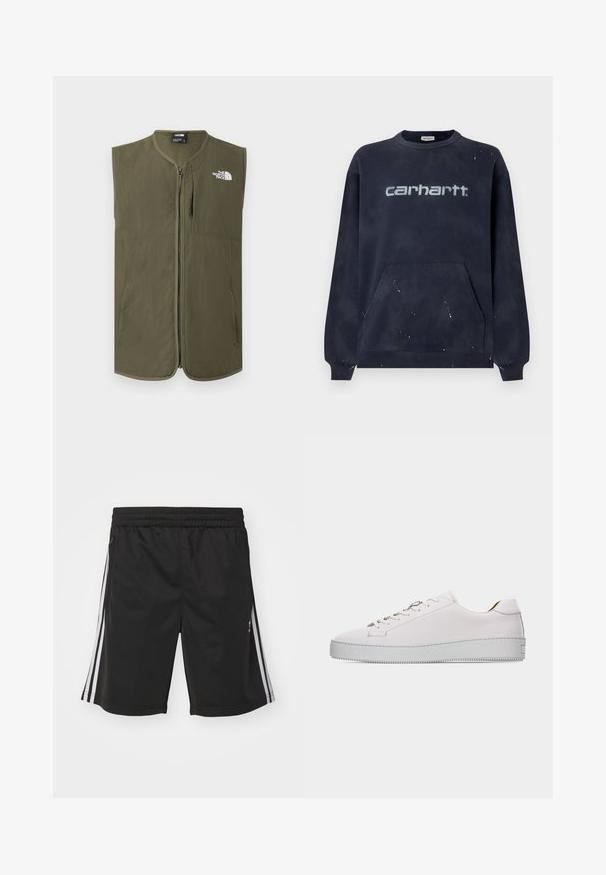 Ærmeløs olivengrøn vest med lynlås, rund krave og hvidt The North Face-logo på øverste venstre bryst.; Mørkeblå sweatshirt med en frontlomme, ribbede manchetter og en falmet hvid logo; stoffet har et plettet mønster.; Sorte sportsshorts med elastisk talje, med hvide sidestriber og en glat stofstruktur. Ingen yderligere dekorationer.; Hvid lædersneaker med lavt snit, hvide snørebånd, flad, tekstureret gummisål og minimal syning, vist fra ydersiden på en hvid baggrund.