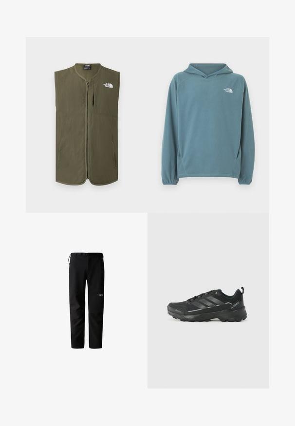 Ärmellose olivgrüne Weste mit Reißverschluss, rundem Kragen und weißem The North Face-Logo auf der oberen linken Brustseite.; Blauer Fleece-Hoodie mit Kängurutasche, Kapuze mit Kordelzug und elastischen Bündchen. Auf der Brust befindet sich ein weißes Logo. Glatte Oberfläche.; Schwarze Outdoor-Hosen mit schlankem Design, gefertigt aus einem strapazierfähigen, leichten Stoff. Mit Gürtel, Seitentaschen und einem Logo am Oberschenkel.; Schwarzer Sportschuh mit einem strukturierten Obermaterial aus Stoff, drei silbernen Streifen, verstärkter Zehenpartie und einer robusten Gummisohle für besten Halt.