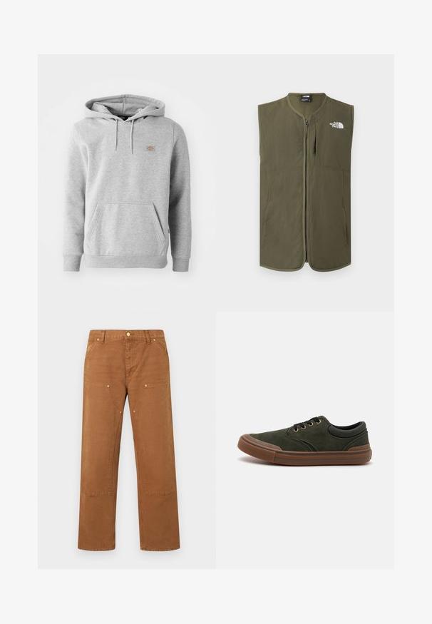 Mouwloos olijfgroen bodywarmer met ritssluiting, ronde kraag en wit The North Face-logo op de bovenste linkerborst.; Grijze hooded sweatshirt van fleecemateriaal, met een voorzak, geribde manchetten en een klein logo op de borst.; Bruine rechte broek met steekzakken aan de voorkant, klinknageldetails, riemlussen en een knoopsluiting in de taille.; Donkergroene suède sneaker met rubberen zool, ronde neus, zwarte veters en gouden oogjes. Beschikt over een gestructureerde afwerking en versterkte hiel.