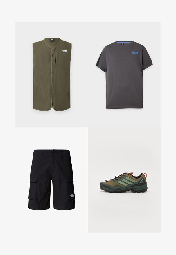 Ærmeløs olivengrøn vest med lynlås, rund krave og hvidt The North Face-logo på øverste venstre bryst.; Mørkegrå T-shirt med korte ærmer og rund hals med lille blå The North Face-logo på øverste venstre bryst mod hvid baggrund.; Sorte cargo shorts lavet af letvægtsstof, med to sidelommer, to cargo-lommer og et mærke-logo på det nederste højre ben.; Vandrestøvle med en brun og grøn mesh-overdel, sort gummisål, justerbare snørebånd og reflekterende detaljer. Har en forstærket tåhætte.