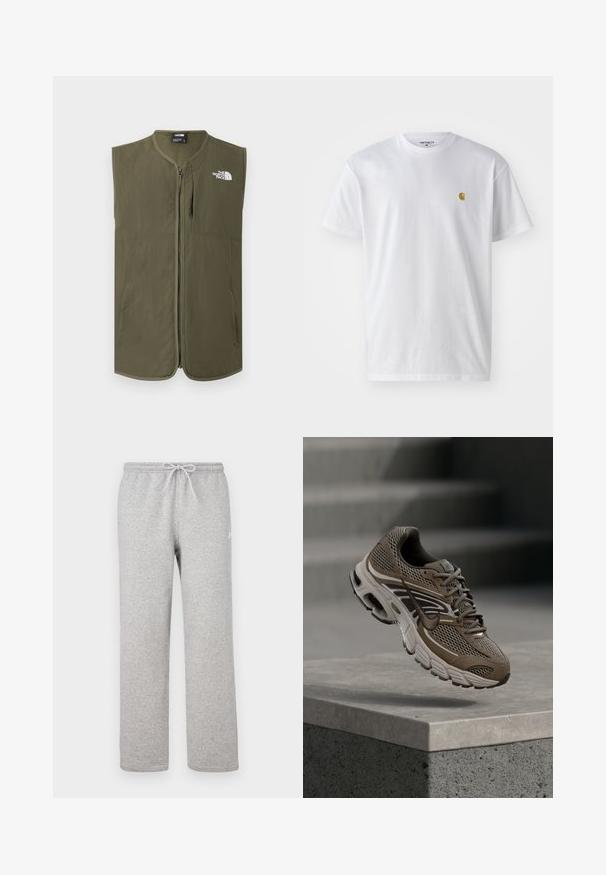 Ærmeløs olivengrøn vest med lynlås, rund krave og hvidt The North Face-logo på øverste venstre bryst.; Hvid bomulds t-shirt med korte ærmer, rund hals og et lille guld logo på venstre brystområde. Blød tekstur og almindelig pasform.; Grå joggingbukser med elastisk talje og snor. Fremstillet af blødt stof, de har lige ben og diskret logodetalje.; Brun atletiksko med mesh-overdel, snøredesign og polstret sål. Har et bølget mønster og diskret branding på siden.