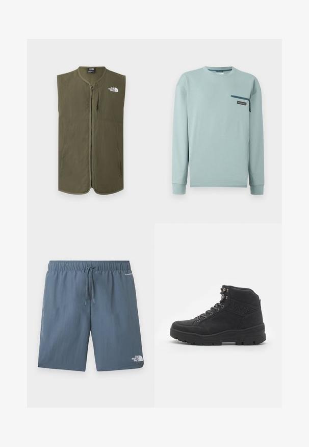 Mouwloos olijfgroen bodywarmer met ritssluiting, ronde kraag en wit The North Face-logo op de bovenste linkerborst.; Lichtblauw shirt met lange mouwen, een ronde hals en een klein borstzakje met rits met een Columbia-logo aan de rechterkant.; Blauwe short met elastische tailleband en trekkoord, The North Face-logo op het linkerbeen, en "FLASHDRY" tekst vlakbij de rechterzak.; Zwarte mid-ankel laarzen van suede. Voorzien van metalen oogjes, veters en een gestructureerde rubberen zool met een versterkte hiel.