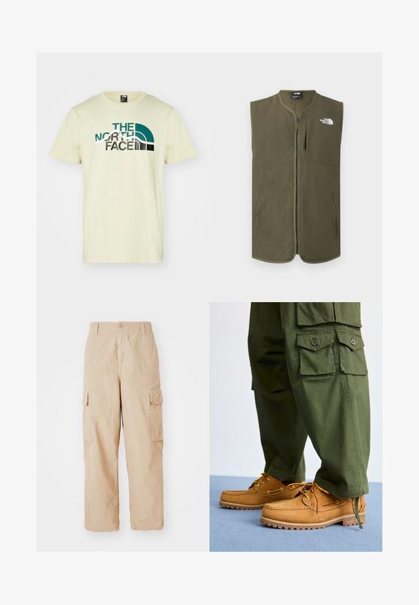 Oliveenvihreä hihaton vetoketjuliivi pyöreällä kauluksella ja valkoisella The North Face -logolla vasemman rinnan yläosassa.; Vaaleankeltainen puuvillainen t-paita, jossa on kaareva muotoilu ja "THE NORTH FACE" -logo teal- ja mustalla värillä. Lyhyet hihat ja pyöreä kaula-aukko.; Beige cargo-housut rentoa istuvuutta, valmistettu kevyestä kankaasta, jossa on kaksi sivutaskua ja nappisulku vyötäröllä.; Timberland AUTHENTIC 3 EYE - Purjehduskengät - wheat