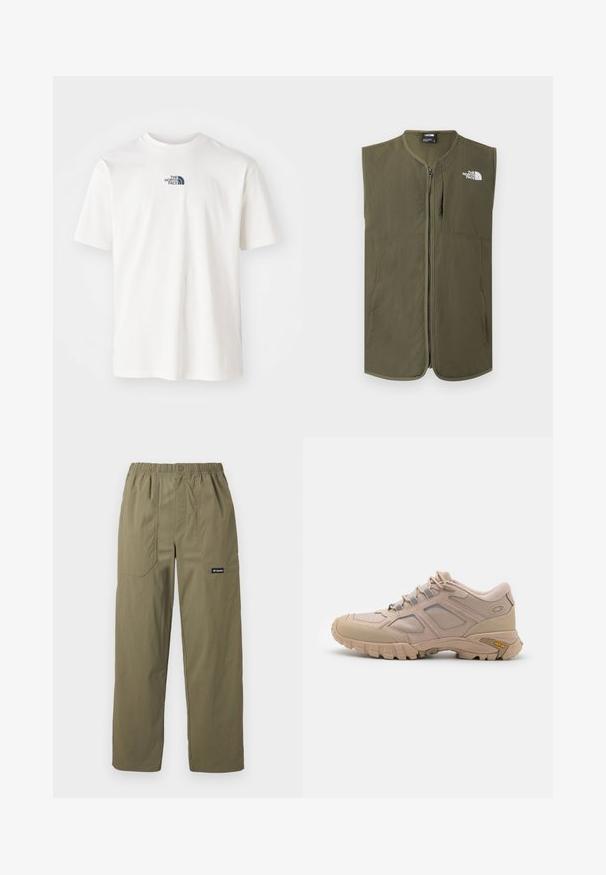 Veste sans manches vert olive à fermeture éclair avec col rond et logo blanc The North Face sur la poitrine en haut à gauche.; T-shirt blanc à manches courtes avec col rond et petit logo noir "The North Face" centré sur la poitrine.; Pantalon droit couleur vert olive avec taille élastique, poches plaquées avant, fermeture par bouton, et logo Columbia sur la poche droite.; Baskets de sport beiges avec une tige en maille texturée, revêtement synthétique et semelle extérieure Vibram. Comprend un système de laçage et des détails sur les panneaux latéraux.