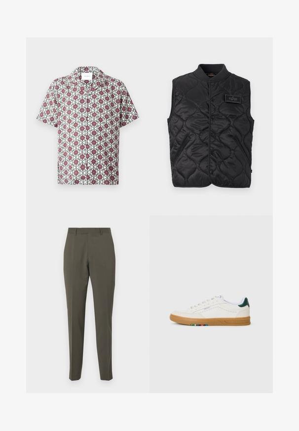 Sort quiltet vest uden ærmer med trykknapper, to forlommer med lynlås, ribbet krave og Alpha Industries logo-patch på brystet.; Kortærmet skjorte i let stof med en hvid bund og et gentaget blomstermønster i rødt og grønt. Indeholder krave og knapper.; Olivengrønne bukser lavet af glat stof, med en skræddersyet design, lige ben og bæltestropper. Ingen synlige mønstre eller accenter.; Hvide lædersneakers med perfereret design, gummisul, grøn hælaccent og farverig stribe detalje på siden.