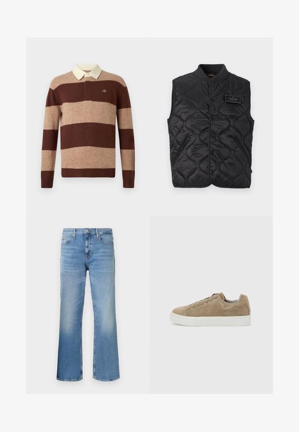 Chaleco negro acolchado sin mangas con botones a presión, dos bolsillos frontales con cremallera, cuello acanalado y parche con el logo de Alpha Industries en el pecho.; Camisa de rugby de manga larga con amplias rayas horizontales en marrón y beige y un cuello color crema, con un pequeño logo bordado en el pecho.; Jeans de mezclilla azul claro con un diseño de pierna recta. Presentan detalles desgastados, cinco bolsillos y un cierre frontal de botón y cremallera.; Zapatilla deportiva de ante beige de perfil bajo con cordones beige y suela de goma blanca, vista de lado sobre un fondo gris claro.