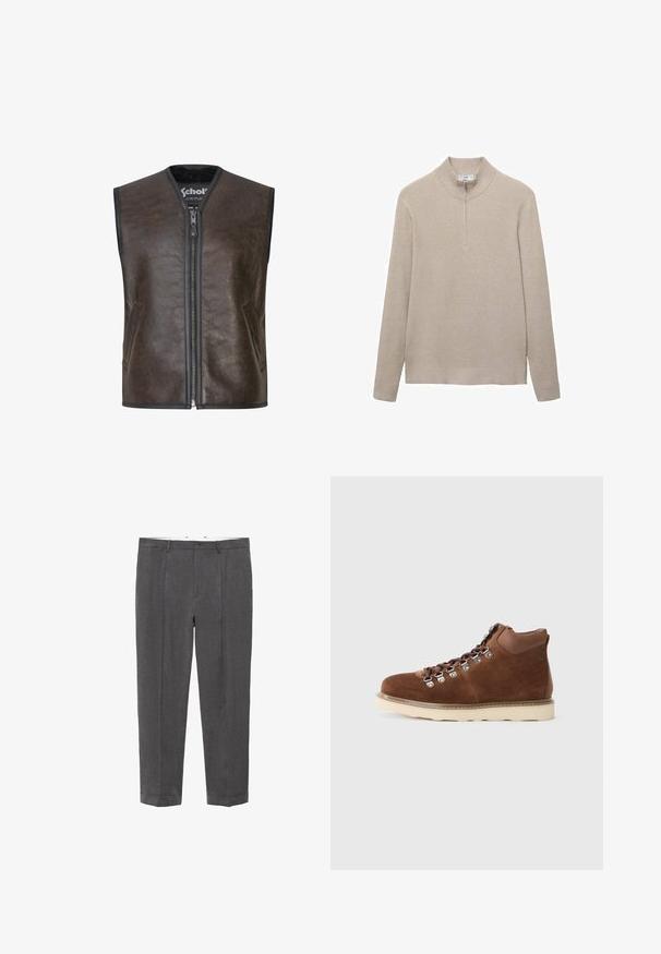 Samsøe Samsøe Vest - dark brown crackled; Beige ribbet striktrøje med høj krave og lynlås i halv længde. Lange ærmer og en tætsiddende kantdesign fremhæver det strukturerede udseende.; Mørkegrå skræddersyede bukser med bæltestropper, knaplukning, forkantfold og opsmøgte kanter, vist fladt mod en hvid baggrund.; Brune ruskind vandrestøvler med højt skaft, metaløjer og en lysgummisål. Har kontrastsyning og polstret kant.