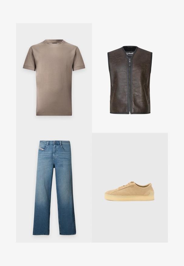 Samsøe Samsøe Vest - dark brown crackled; Brun kortærmet t-shirt lavet af glat stof, med en rund halsudskæring og kantede ærmer med et rent, enkelt design.; Lyseblå denimjeans med lige ben, fem-lommer design og en subtil falmningseffekt. Inkluderer knap- og lynlåslukning.; Beige ruskind lavtop-sneaker med tyk gummsål, snørebånd foran og diskret branding på siden på en ensartet lys grå baggrund.