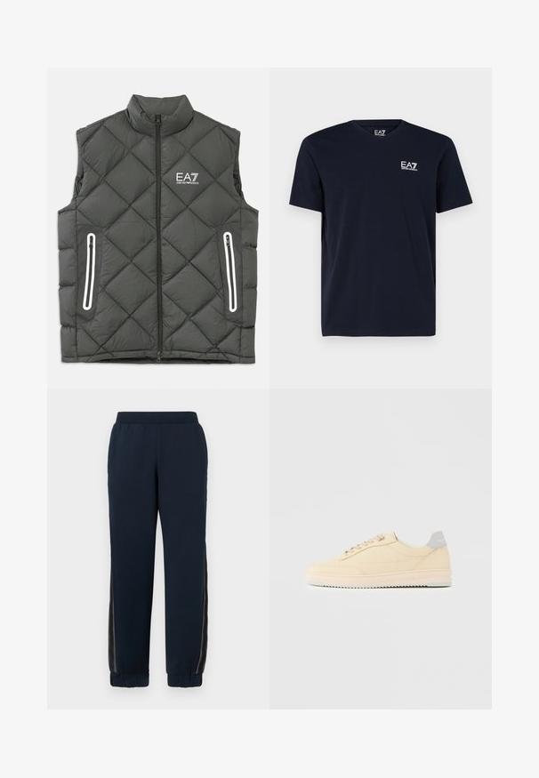 Chaleco acolchado gris con patrón de rombos, cuello alto, cremallera frontal, dos bolsillos laterales con acentos blancos y logo de EA7 en el pecho.; Camiseta negra de manga corta con cuello redondo y pequeño logo blanco EA7 Emporio Armani en el pecho izquierdo.; Pantalones de chándal azul marino con una textura suave, puños ajustados y paneles laterales de malla. Cintura elástica para mayor comodidad y un ajuste casual.; Zapatilla deportiva beige de corte bajo con cierre de cordones en la parte delantera, suela rosa claro y lengüeta trasera gris con la marca "Filling Pieces", mostrada de perfil sobre un fondo liso.