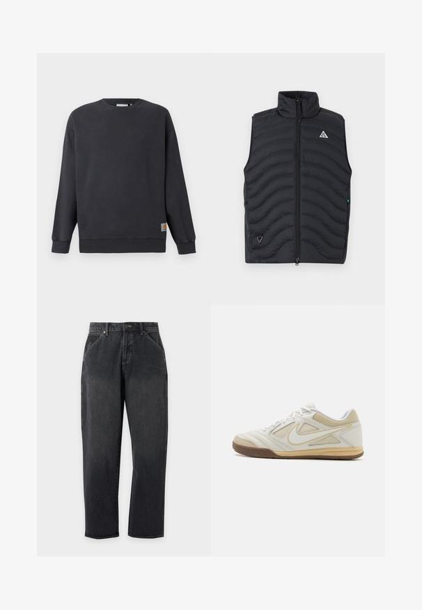 Schwarze gesteppte ärmellose Weste mit Frontreißverschluss, hohem Kragen und kleinem dreieckigem Logo auf der linken Brust.; Dunkelgrauer Rundhals-Pullover mit gerippten Bündchen und Saum. Mit einem kleinen gewebten Logolabel auf der unteren linken Seite. Aus Baumwollmaterial, mit glatter Textur.; Schwarze Jeans mit geradem Bein, Fronttaschen, Gürtelschlaufen, Knopf- und Reißverschluss, auf schlichtem hellgrauem Hintergrund dargestellt.; Weißer Sportschuh mit strukturiertem Obermaterial, grauen Akzenten, Schnürdesign und braunem Gummisohle. Verfügt über ein markantes Logo an der Seite.