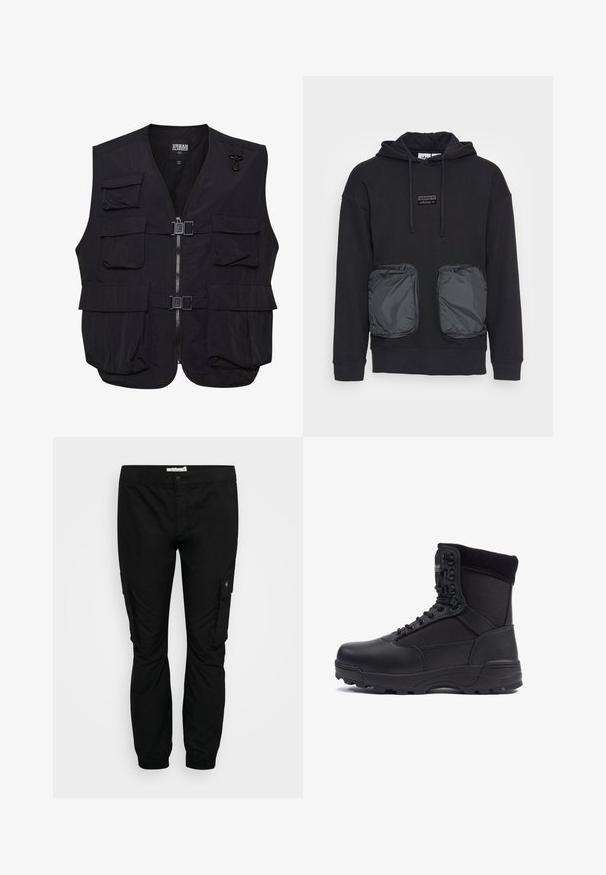 Gilet noir avec doublure en mesh, plusieurs poches avant et fermeture éclair à l'avant. Dispose de boucles réglables et d'un bas arrondi.; Sweat à capuche noir à coupe décontractée, avec deux grandes poches zippées en matériau brillant à l'avant. Petite écusson logo au-dessus des poches.; Pantalons cargo noirs avec une taille élastique, des jambes fuselées et des poches latérales. Fabriqués en tissu léger avec une texture lisse.; Botte tactique noire avec une tige en cuir lisse et des panneaux en tissu, design montante, fermeture à lacets à l'avant et semelle en caoutchouc robuste.