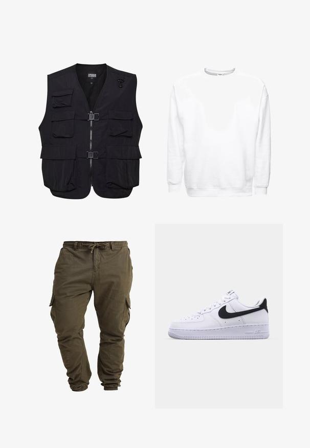 Gilet noir avec doublure en mesh, plusieurs poches avant et fermeture éclair à l'avant. Dispose de boucles réglables et d'un bas arrondi.; Sweatshirt blanc au design ample avec un col rond. Matériau en mélange de coton doux, poignets et ourlet à bords côtelés, texture lisse.; Pantalons cargo vert olive en coton doux avec cordon de taille réglable, poignets élastiques et poches latérales.; Sneaker en cuir blanc avec un Swoosh noir texturé, des lacets plats et une semelle en caoutchouc avec un motif strié. "AIR" est embossé sur le talon.