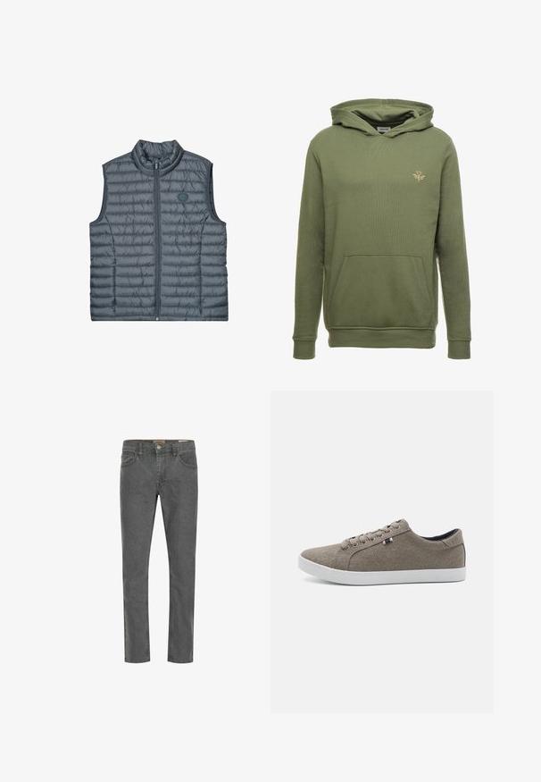 Donkergrijze gewatteerde vest met een hoge kraag, voorzien van een ritssluiting aan de voorkant, horizontaal doorgestikt patroon en een rond logo op de linkerborst.; Olijfgroene hoodie met een voorzak, verstelbare trekkoordcapuchon en een klein goudkleurig embleem op de borst. Zachte textuur, ribgebreide manchetten.; Grijze denim jeans met een rechte pasvorm, vijf pocket ontwerp en een kleine metalen knoopsluiting. De stof heeft een gladde textuur en een lichte stretch.; Bruine canvas sneakers met een ronde neus, witte rubberen zool en vijf veterogen. Kenmerkt zich door een kleine driekleurige accent aan de zijkant.