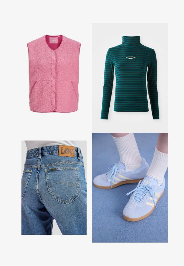 Roze mouwloos fleecevest met drukknopen aan de voorkant en twee schuine voorkantenzakken, met een ronde halslijn.; Langsleeve coltrui in teal met donkerblauwe horizontale strepen. Heeft een klein wit en goud logo op de borst. Zachte, rekbare stof.; Blauwe spijkerbroek met achterzakken met gele stiksels en een bruin leren Lee-merkpatch op de tailleband.; Lichtblauwe suède sneakers met witte strepen, platte veters en een gumrubberen zool. Geribbelde witte sokken worden boven de enkel gedragen.