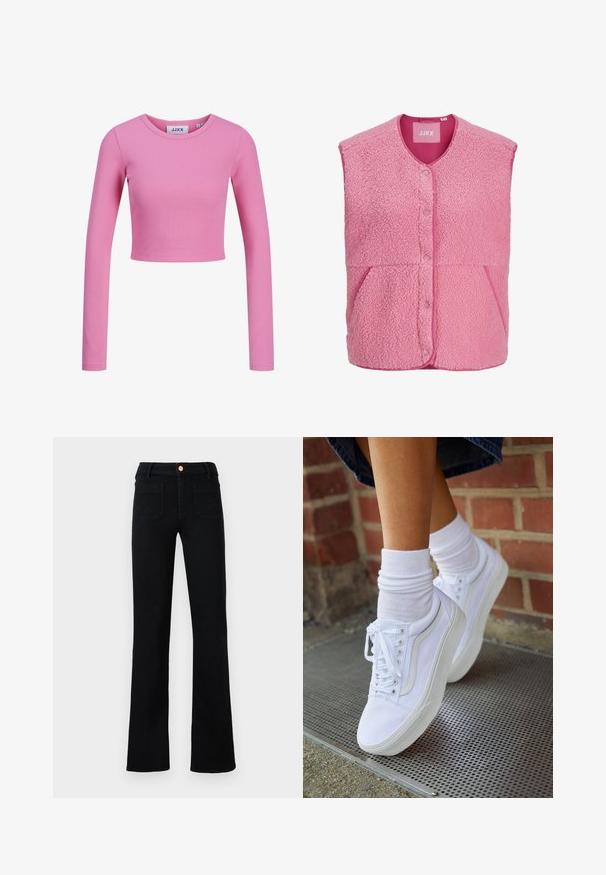 Lyserød ærmeløs fleecevest med trykknapper foran og to skrå forlommer, med rund halsudskæring.; Langærmet, cropped top i lyserødt ribbet stof. Har en rund halsudskæring og et tætsiddende design med en glat tekstur.; Sorte højtaljede lige ben jeans med frontlomme og kobberknaplukning på en neutral baggrund.; Hvide lærreds sneakers med gummisåler, der har seks snørehuller, rund tå og let sømdetaljer, krydret med hvide ankelstrømper.