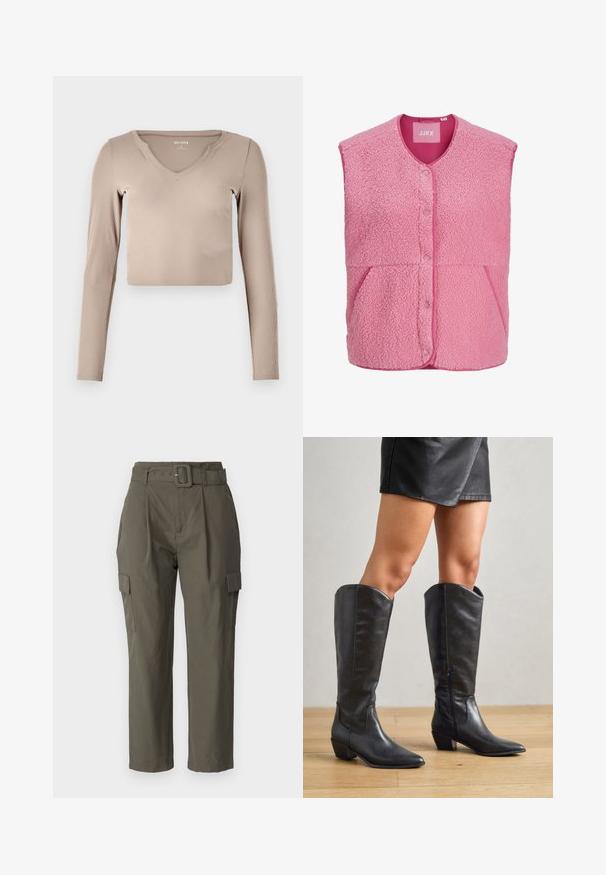 Lyserød ærmeløs fleecevest med trykknapper foran og to skrå forlommer, med rund halsudskæring.; Langærmet, cropped top i lys beige ribbet stof med V-hals og minimale syninger på kraven.; Cargo bukser i olivengrøn, lavet af letvægtsstof. Funktioner inkluderer en bæltet talje, frontplisseringer og sidelommer med klaplukning.; Sorte knæhøje støvler lavet af glat læder, med spidse tæer, lav blokhæle og lynlås i siden for nem påtagning.