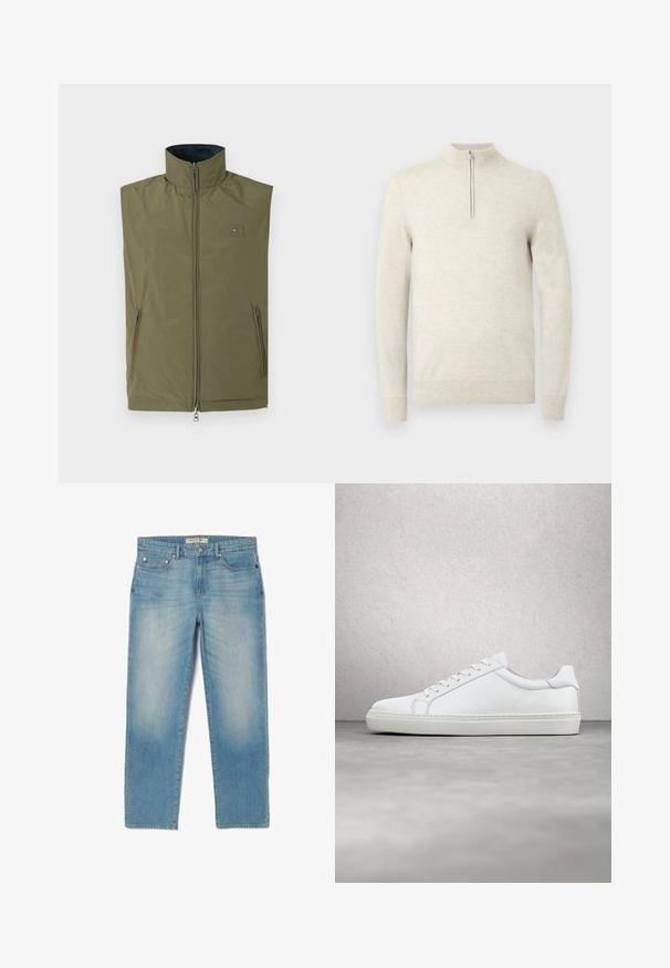 Olivengrøn ærmeløs vest med høj krave, lynlås foran og sidelommer. Har et logo-patch på brystet. Glat tekstur.; Lys beige pullover cardigan med høj hals og kvart-lynlås. Har lange ærmer og et blødt, struktureret stof.; Lyseblå denimjeans med lige ben-design, fem lommer og en let falmet vask. Har sølvhardware og et mærket bånd.; Hvide sneakers med en glat læderoverdel og lav profil. Har en rund tå, seks snørehuller og en tekstureret gummisål.