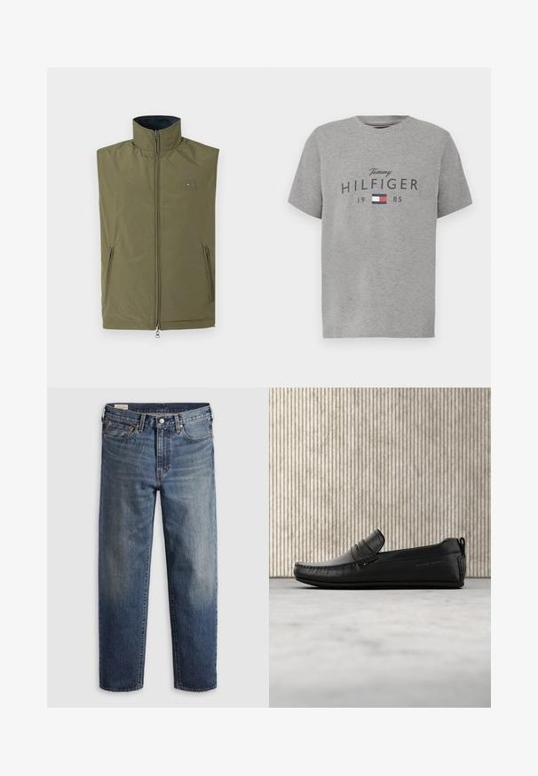 Olivengrøn ærmeløs vest med høj krave, lynlås foran og sidelommer. Har et logo-patch på brystet. Glat tekstur.; Grå T-shirt med rund hals med teksten "Tommy Hilfiger 1985" og et rektangulært logo i rød, hvid og blå på brystet.; Mørkeblå denimjeans med en afslappet pasform, lige ben, fem-lommer design og subtil falmen ved lårene. Sølvknap og nitter.; Sort læder loafersko svæver over beige tæppe med buet ravbrun møbelgenstand i baggrunden.