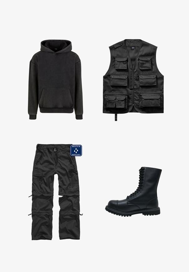 Schwarze Weste aus leichtem Stoff, ausgestattet mit sechs frontalen Taschen, einem Reißverschluss vorne und einem Knopfverschluss an der linken Schulter.; Urban Classics Kapuzenpullover - magnet; Schwarze wasserabweisende Cargo-Hose mit Reißverschlusstaschen, verstellbaren Bündchen und einem strapazierfähigen Material. Mit einem Logo am Bund.; Schwarze Leder Schnürstiefel mit runder Zehenkappe, hohem Schaft, dicker Gummisohle und texturierter Oberfläche. Enthält verstärkte Nähte entlang der Nähte.