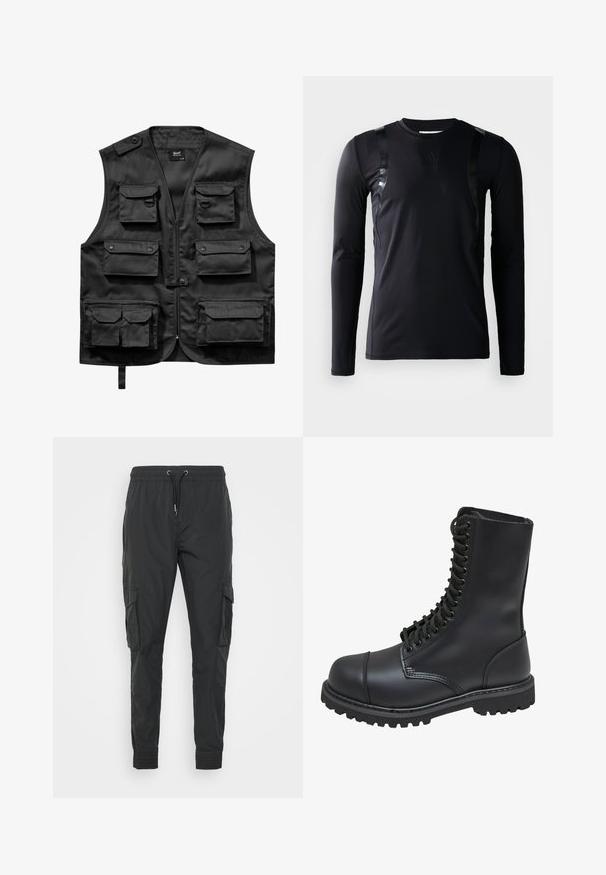 Zwarte vest van lichtgewicht stof, met zes voorzakken, een ritssluiting aan de voorkant en een knoopsluiting op de linkerschouder.; Zwarte lange-mouwen sportshirt gemaakt van glad, rekbaar materiaal. Kenmerkt zich door glanzende zwarte accenten op de schouders en een Adidas-logo op de borst.; Zwarte cargobroek van lichtgewicht stof, met een verstelbare trekkoord taille, elastische manchetten en twee zijzakken.; Zwarte leren gevechtslaars met een hoge schacht, vetersluiting aan de voorkant, gewatteerde kraag en een stevige, gestructureerde zool voor grip. Bevat een versterkte neus.