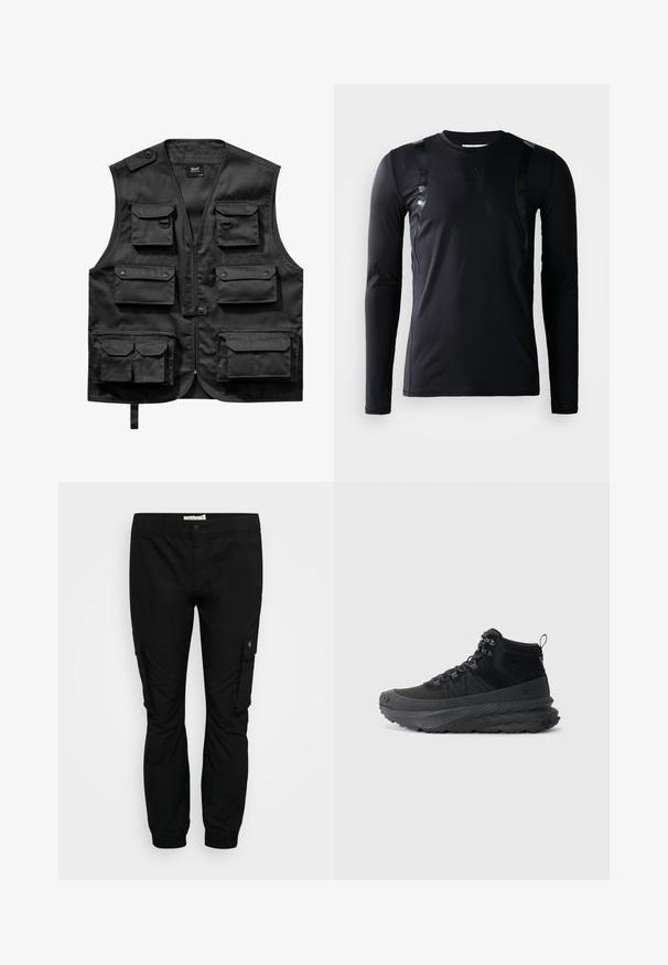 Gilet noir en tissu léger, doté de six poches frontales, d'une fermeture éclair à l'avant et d'une fermeture à bouton sur l'épaule gauche.; T-shirt de sport à manches longues noir en tissu lisse et extensible. Présente des accents noirs brillants sur les épaules et un logo Adidas sur la poitrine.; Pantalons cargo noirs avec une taille élastique, des jambes fuselées et des poches latérales. Fabriqués en tissu léger avec une texture lisse.; Sneaker montante noire en tissu texturé avec une semelle en caoutchouc, présentant un système de laçage, un col rembourré et une languette à l'arrière.