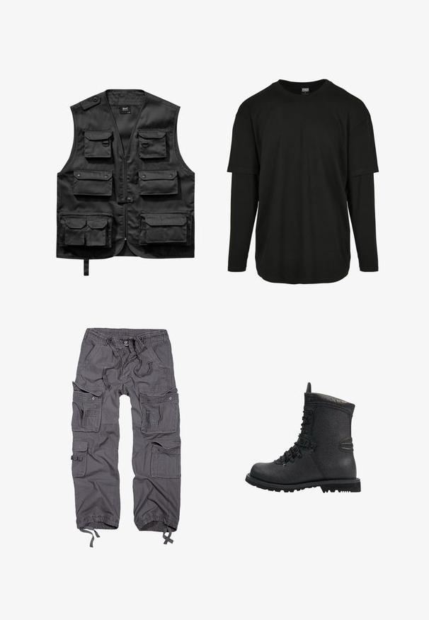 Chaleco negro de tela ligera, con seis bolsillos frontales, una cremallera frontal y un cierre de botón en el hombro izquierdo.; Urban Classics OVERSIZED SHAPED DOUBLE LAYER LS TEE - Camiseta de manga larga - black/black; Pantalones cargo grises con múltiples bolsillos, cintura con cordón, cierre de botón, puños ajustados y un acabado de tela texturizada.; Bota de senderismo de cuero negro con acabado texturizado, cuello acolchado y suela de goma gruesa. Presenta ojales de metal y acentos negros contrastantes.
