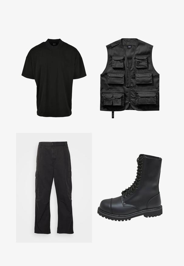 Schwarze Weste aus leichtem Stoff, ausgestattet mit sechs frontalen Taschen, einem Reißverschluss vorne und einem Knopfverschluss an der linken Schulter.; Schwarzes T-Shirt mit kurzen Ärmeln und Rundhalsausschnitt, aus weichem Stoff, mit lockerer Passform und ohne sichtbare Muster oder Akzente.; Schwarze Cargo-Hose mit geradem Bein, ausgestattet mit zwei Seitentaschen, einem Knopfverschluss und einem strukturierten Stoff.; Schwarze Lederkampfstiefel mit hohem Schaft, Schnürung an der Vorderseite, gepolstertem Kragen und rutschfester, strukturierter Sohle für guten Halt. Mit verstärkter Zehenkappe.
