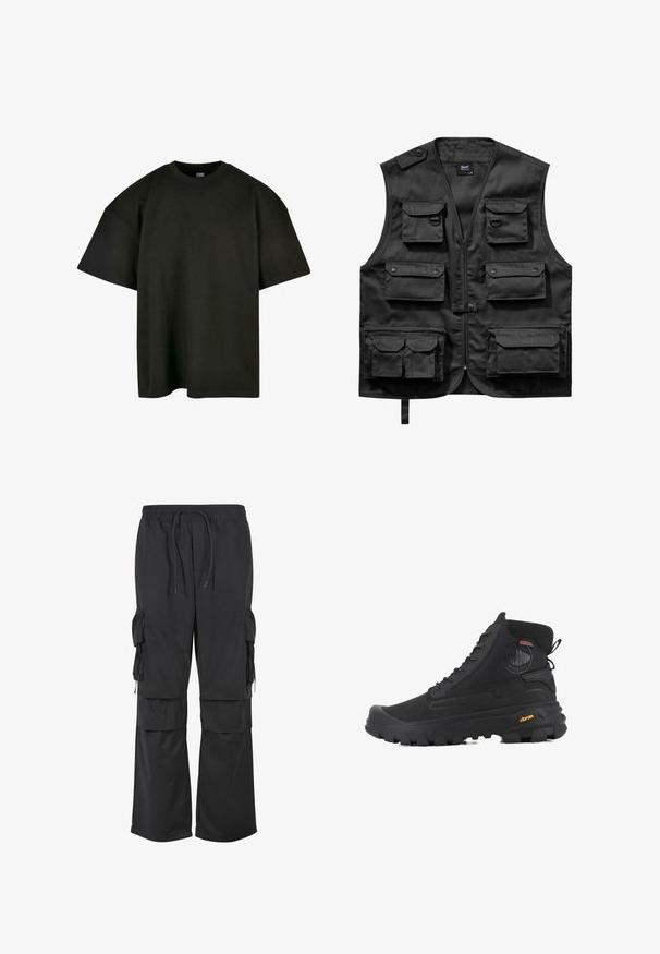 Sort vest lavet af letvægtsstof, med seks frontlommer, en lynlås foran og en knaplukning på venstre skulder.; Sort oversized t-shirt i blød bomuld. Har en rund crew neckline og korte ærmer, med en glat tekstur og minimalistisk design.; Sorte cargo bukser med vidde ben, elastisk linning, snøre og flere klaplommer på lårene og den nederste del af benene.; Sorte høj-top støvler med en tekstureret overflade, der har et vandtæt design, snøresystem og en markant gummisål med Vibram-branding.