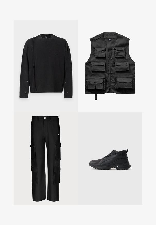 Čierna vesta vyrobená z ľahkej tkaniny, obsahujúca šesť predných vreciek, predný zips a gombíkový uzáver na ľavnom ramene.; Čierny sweatshirt s dlhým rukávom a okrúhlym výstrihom, s jemným logom na prednej strane a patentkami na rukávoch, vyrobený z mäkkej tkaniny.; Čierne cargo nohavice s voľným strihom, viacerými bočnými vreckami, zapínaním na gombík a hladkou textúrou látky.; Čierne športové topánky vyrobené zo syntetického materiálu. Majú polstrovaný golier, okrúhlu špičku, pevný podrážku s trakciou a detail loga značky.