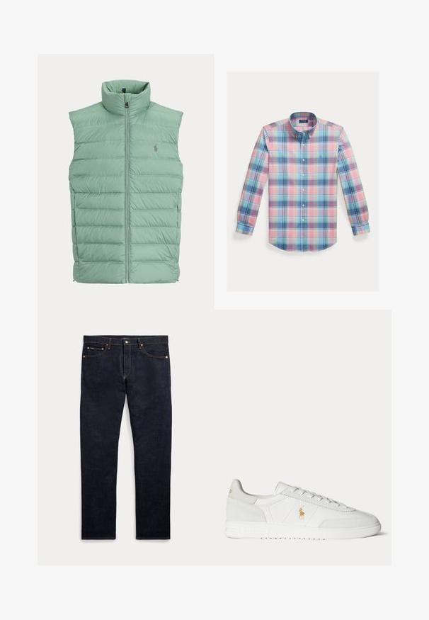 Chaleco acolchado sin mangas de color verde claro con cremallera frontal y cuello alzado, con un pequeño logo bordado en el pecho.; Camisa de algodón con botones, presenta un patrón de cuadros multicolor en tonos rosa, azul y verde. Incluye cuello ancho y mangas largas.; Vaqueros de mezclilla azul oscuro con cinco bolsillos, cierre de botón y cremallera, y costuras doradas visibles, mostrados planos sobre un fondo claro.; Zapatilla blanca de caña baja con diseño de cordones, logo dorado de Polo Ralph Lauren en el lateral y suela texturizada sobre un fondo liso.
