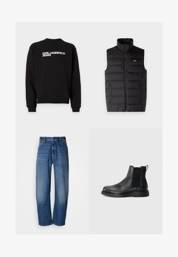 Chaleco acolchado negro con cuello alto, cremallera frontal completa, patrón de costura horizontal y bolsillos laterales. Logo en el lado izquierdo del pecho.; Sudadera negra con cuello redondo y puños acanalados. Presenta el texto blanco "KARL LAGERFELD JEANS" en la parte delantera. Material suave.; Jeans vaqueros de pierna ancha en un tono azul medio. Cuentan con cremallera, cinco bolsillos y un ligero desgaste para un aspecto usado. Detalle clásico de costuras.; Botas Chelsea de cuero negro con acabado texturizado, paneles laterales elásticos y una suela de goma resistente. Marca sutil en el talón.