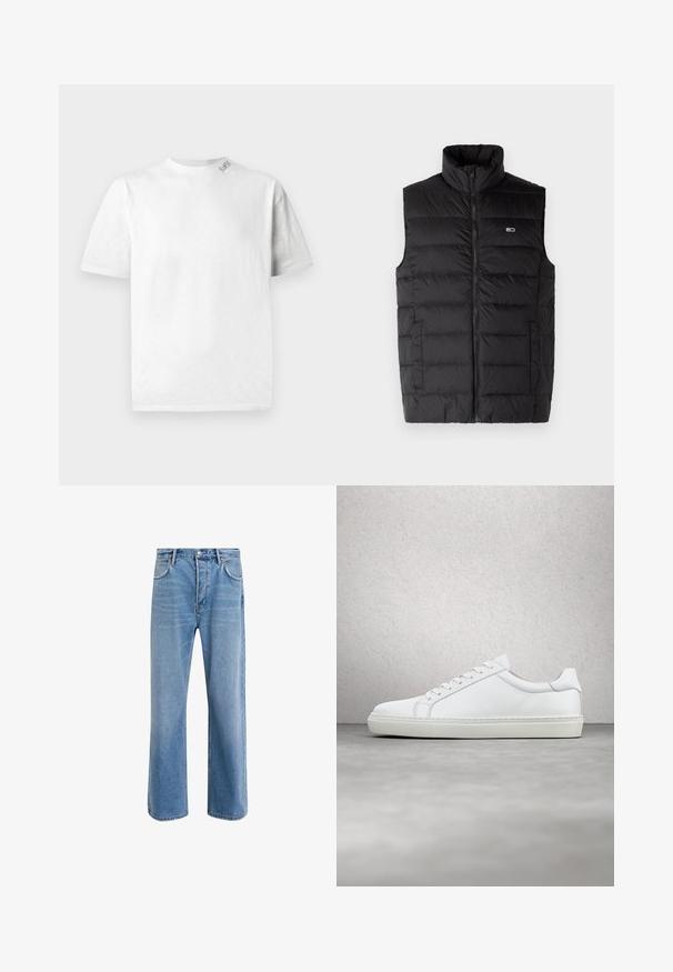 Sort puffer vest med høj krave, fuld frontlynlås, vandret syet mønster og sidelommer. Logo på venstre bryst.; Hvid kortærmet T-shirt med rund halsudskæring, der har en subtil tekstur og en lille logo-detail på venstre skulder.; Lyseblå denim jeans med lige ben-design, fem lommer, knaplukning, minimal falming og kontraststingdetaljer.; Hvide sneakers med en glat læderoverdel og lav profil. Har en rund tå, seks snørehuller og en tekstureret gummisål.