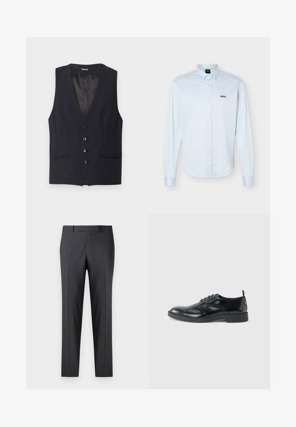 Zwarte op maat gemaakte vest met een diepe V-hals, vijf knoopsluitingen en twee zijzakken. Glad materiaal met een strakke, minimalistische uitstraling.; Lichtblauw overhemd met lange mouwen, knopen en kraag, zwart "BOSS"-logo op de linkerborst en manchetten met knopen.; Op maat gemaakte donkergrijze broeken van een soepel, gestructureerd weefsel; heeft een vlakke voorkant en rechte pijpen; minimalistisch ontwerp zonder zichtbare accenten.; Glanzende zwarte lederen nette schoen met lage hak, vetersluiting en ronde neus, van opzij getoond tegen een effen lichte achtergrond.