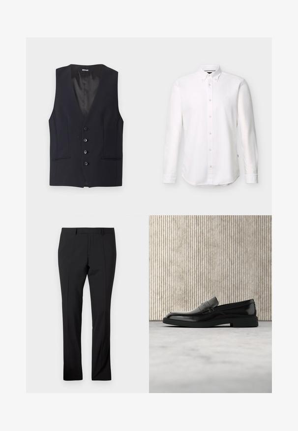 Schwarze taillierte Weste mit tiefem V-Ausschnitt, fünf Knopfverschluss und zwei Seitentaschen. Glattes Material mit einem eleganten, minimalistischen Design.; Weißes langärmeliges Hemd mit Knopfleiste, Button-Down-Kragen und kleinem, links auf der Brust aufgesticktem Logo.; Schwarze maßgeschneiderte Hose mit Gürtelschlaufen, vorderer Bügelfalte und geradem Beinaufschnitt auf einem schlichten weißen Hintergrund.; Schwarzer, polierter Lederloafer, der über einem beigen Teppich schwebt, mit orangener, durchscheinender Möbel im Hintergrund.
