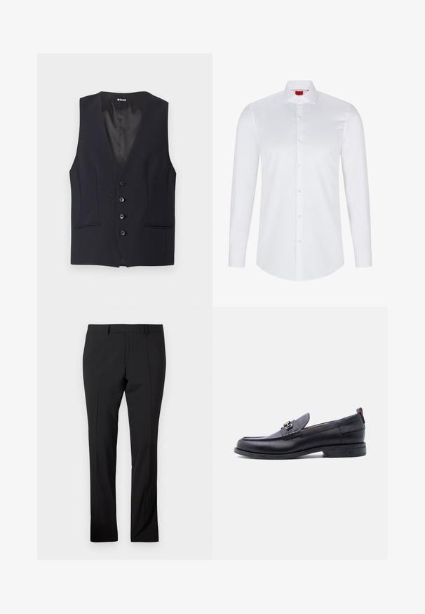 Zwarte op maat gemaakte vest met een diepe V-hals, vijf knoopsluitingen en twee zijzakken. Glad materiaal met een strakke, minimalistische uitstraling.; Witte lange mouwen knoopsluiting shirt gemaakt van soepel katoen. Beschikt over een klassieke kraag, volledige knoopsluiting en afgeronde zoom.; Zwarte op maat gemaakte broeken met riemlussen, een voorkreuk en een rechte pijp op een effen witte achtergrond.; Zwarte leren loafer met grijze, gestructureerde vamp, zilveren metalen gesp, lage hak en trekkoord aan de achterkant.