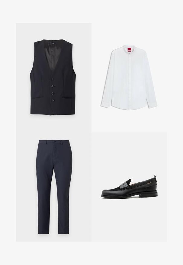 Schwarze taillierte Weste mit tiefem V-Ausschnitt, fünf Knopfverschluss und zwei Seitentaschen. Glattes Material mit einem eleganten, minimalistischen Design.; Weißes Langarmhemd aus glattem Stoff, mit Stehkragen, knopflosem Frontverschluss und abgerundetem Saum mit gepufften Ärmeln.; Dunkelblaue, leichte Hose mit einem schlanken Design, ausgestattet mit einem Knopfverschluss, Gürtelschlaufen und einer glatten Textur. Taillierte Passform.; Schwarzer Lederloafer mit grauem Riemendetail, niedrigem Absatz und strukturierter Sohle, seitlich mit „HUGO“ in Gold gebrandmarkt.
