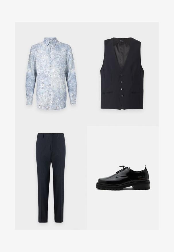 Gilet noir ajusté avec un décolleté en V profond, fermeture à cinq boutons et deux poches latérales. Tissu lisse avec un design élégant et minimaliste.; Chemise boutonnée bleu clair avec motifs floraux, manches longues et col classique. Fabriquée en tissu doux avec une texture lisse.; DRYKORN AJEND - Chino - blue; Chaussure en cuir noir poli à lacets, semelle en caoutchouc épaisse et talon bas, texte de marque "SAMSOE" sur le côté et languette arrière.