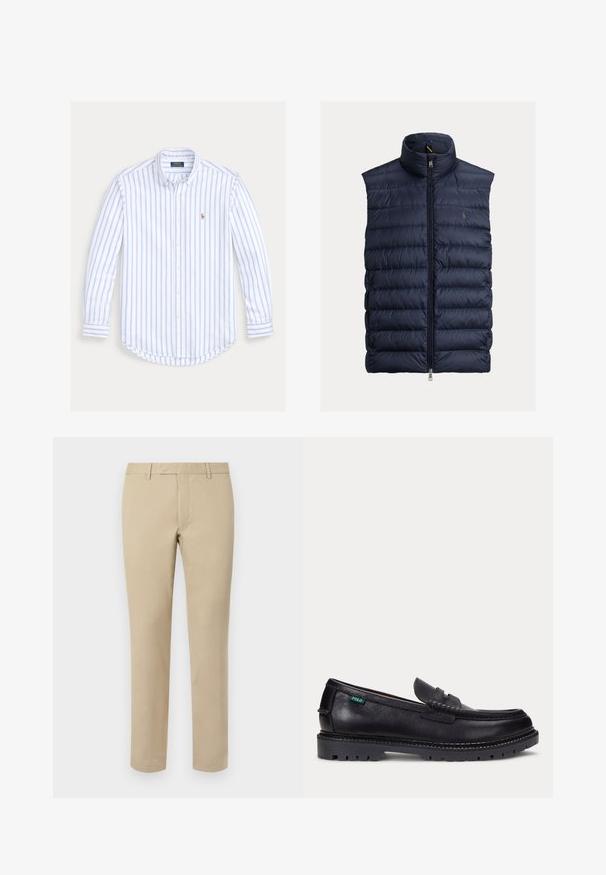 Doudoune sans manches matelassée bleu marine avec col montant et fermeture éclair frontale, avec un petit logo brodé sur la poitrine.; Chemise à manches longues boutonnée avec des rayures verticales bleu clair et un petit logo brodé sur la poitrine gauche.; Pantalon en coton beige avec une coupe droite, doté de passants de ceinture, d'un devant plat et de ourlets soignés. Texture lisse et détails minimaux.; Mocassin en cuir noir avec une semelle épaisse à crampons et une petite étiquette verte "Polo" sur le côté extérieur, près du talon.
