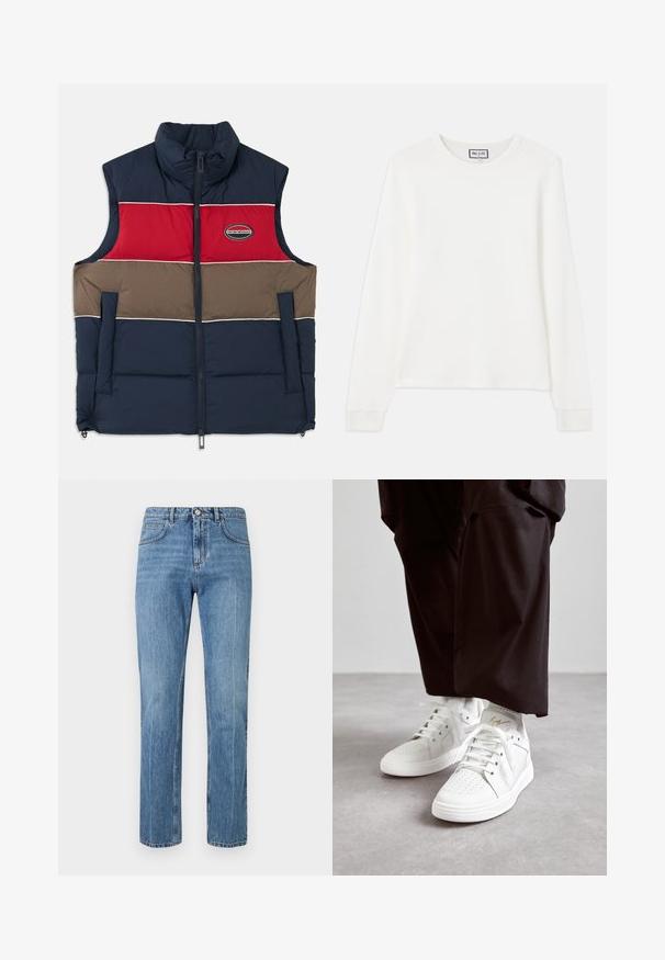 Chaleco sin mangas acolchado con cuello alto. Diseño a bloques de color en azul marino, rojo y marrón con parche de logo y cierre de cremallera en la parte delantera.; Top largo de manga blanca de punto acanalado con cuello redondo y puños ajustados. Presenta una etiqueta que dice "PAUL & JOE" en el cuello.; Jeans de pierna recta de talle alto en color azul con botón frontal, cremallera, trabillas para cinturón y diseño de cinco bolsillos sobre un fondo blanco.; Zapatillas altas blancas de cuero suave con detalle de puntera perforada, agujetas planas blancas y un sutil acento dorado en el talón.