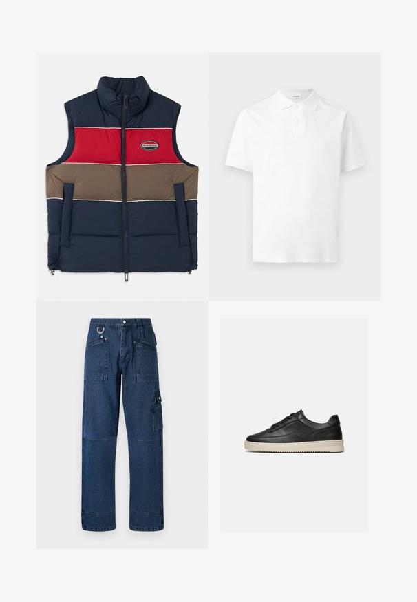 Gepolsterte ärmellose Weste mit hohem Kragen. Farbblockiertes Design in Marineblau, Rot und Braun mit Logopatch und Reißverschluss vorne.; Weißes Poloshirt mit kurzen Ärmeln, Kragen und Zweiknopf-Leiste, dargestellt auf einem einfarbigen hellgrauen Hintergrund.; Dunkelblaue Denim-Cargo-Hosen mit geradem Schnitt, ausgestattet mit mehreren Taschen, metallischen Beschlägen und Kontrastnähten.; Schwarzer flacher Ledersneaker mit schwarzen Schnürsenkeln und einer dicken, off-white Gummisohle, dargestellt vor weißem Hintergrund.