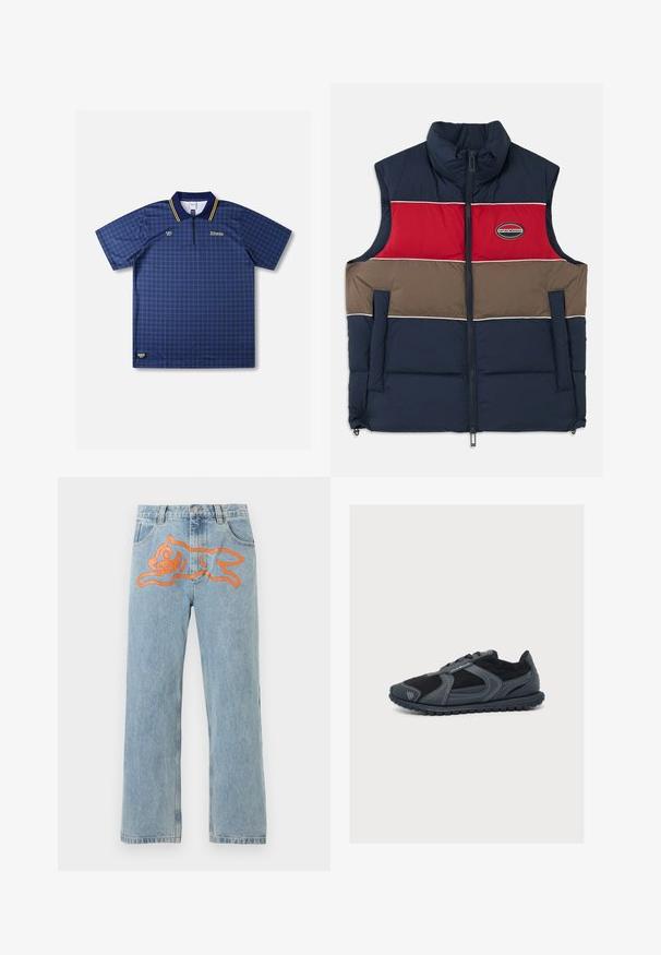 Gilet sans manches matelassé avec col haut. Design bicolore en bleu marine, rouge et marron avec un patch logo et une fermeture éclair à l'avant.; Polo à manches courtes en tartan bleu marine avec un col à demi-fermeture éclair, des accents jaunes, et des logos brodés sur la poitrine ; texture de tissu lisse.; Jean en denim bleu clair avec un grand motif orange représentant un chien ludique de style cartoon sur le devant, au niveau de la taille.; Baskets basses noires et gris foncé avec semelle texturée, panneaux en mesh, étiquette logo sur le côté et bout arrondi sur fond blanc.